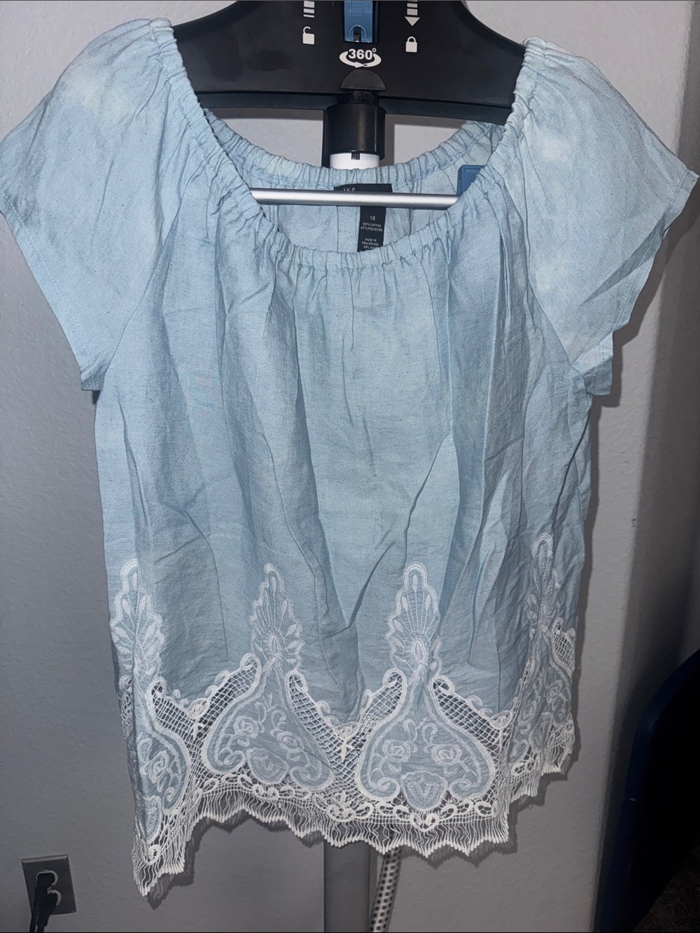 Alfani Light Blue Off-the-Shoulder Top with White Lace Trim